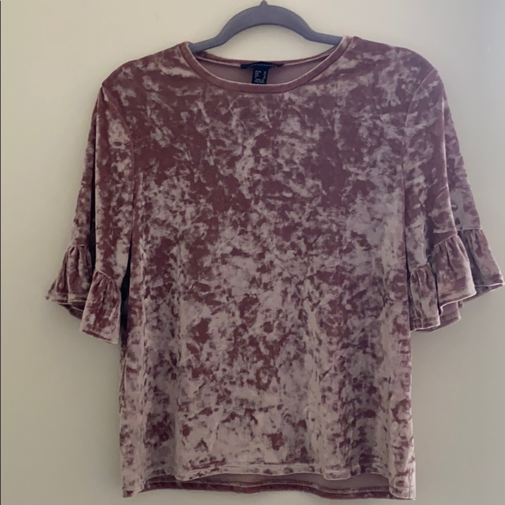 Blush pink velvet top with short ruffle sleeves